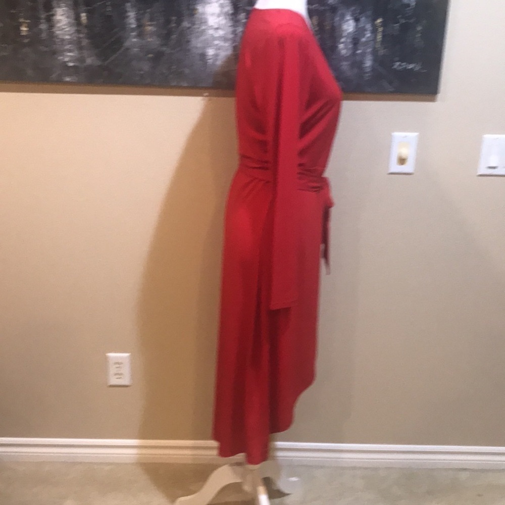 SIGNATURE COLLECTION Faux Wrap Dress Midi Red Jersey Knit Fit and Flare Dress-M - Picture 3 of 10